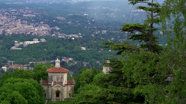 One of the Chapels Of Sacro Monte di Varese On Mountain In Varese, Lombardy, Italy. high angle shot