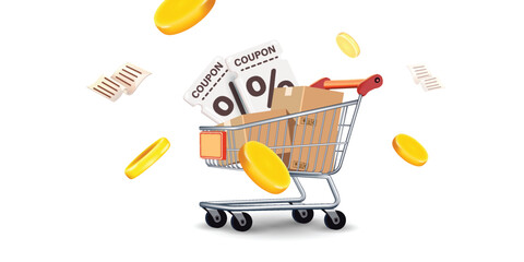 Coupon up to 50% off black rips floating in air with coin. all on blue background.gift voucher 50% discount on shopping.summer offer ends weekend holiday.Big sale and super sale coupon code discount