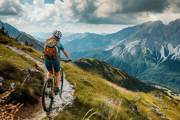 Fototapeta premium A woman is riding a bike on a mountain trail.