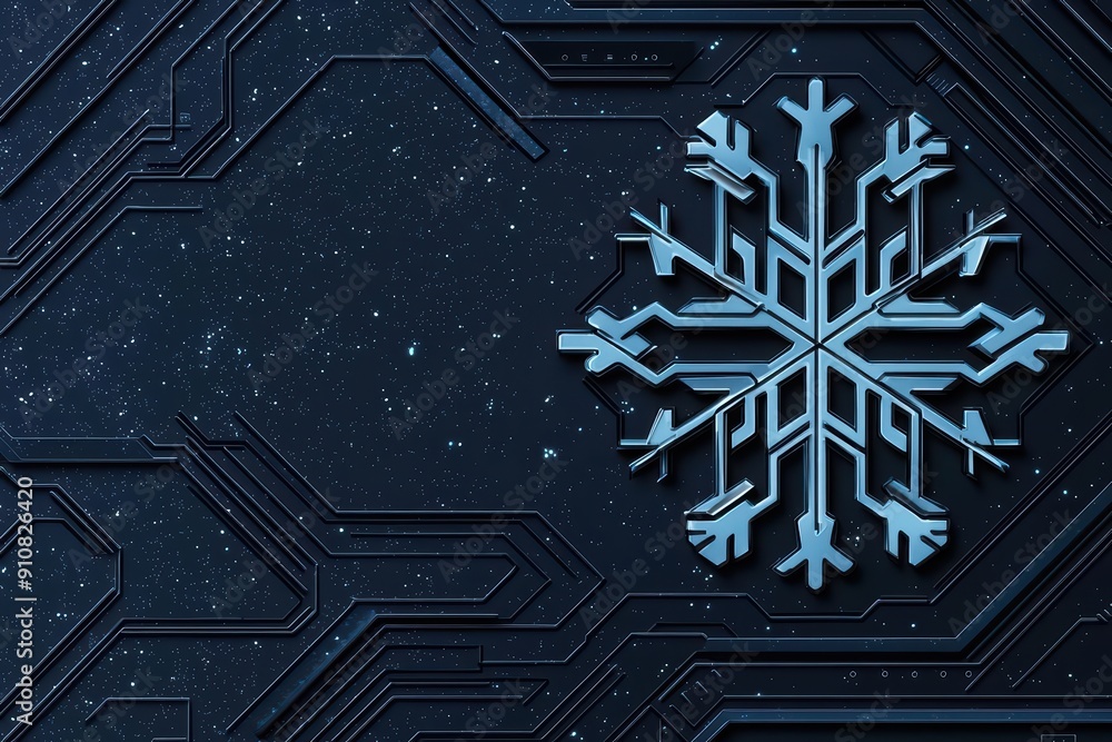 Poster hi tech winter banner template with a sleek digital background and futuristic snowflake elements