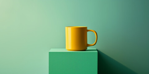 Fototapeta premium Minimalist Yellow Coffee Mug on Green Pedestal Against Modern Pastel Background