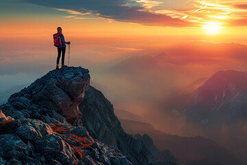 A person is standing on a mountain top with a backpack.