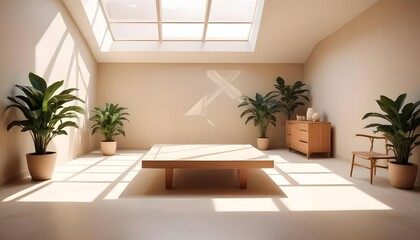 Fototapeta premium Modern beige Interior with geometrical sunlight viewv with shadows and natural decor along empty wall mockup theme
