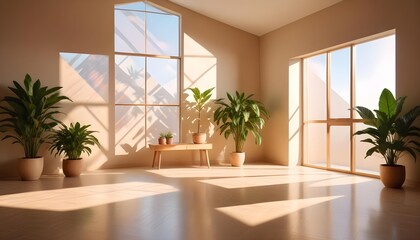 Fototapeta premium Modern beige Interior with geometrical sunlight viewv with shadows and natural decor along empty wall mockup theme