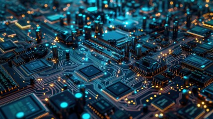 Obraz premium Close-up of a Circuit Board with Glowing Components.