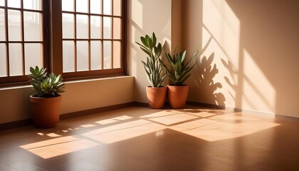 Fototapeta premium Modern beige Interior with geometrical sunlight viewv with shadows and natural decor along empty wall mockup theme
