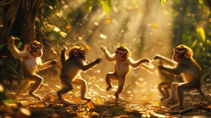 Monkeys playing together in a sunlit clearing within a dense forest. The image captures their joyful interaction with a bright and open space for celebrating International Monkey Day.