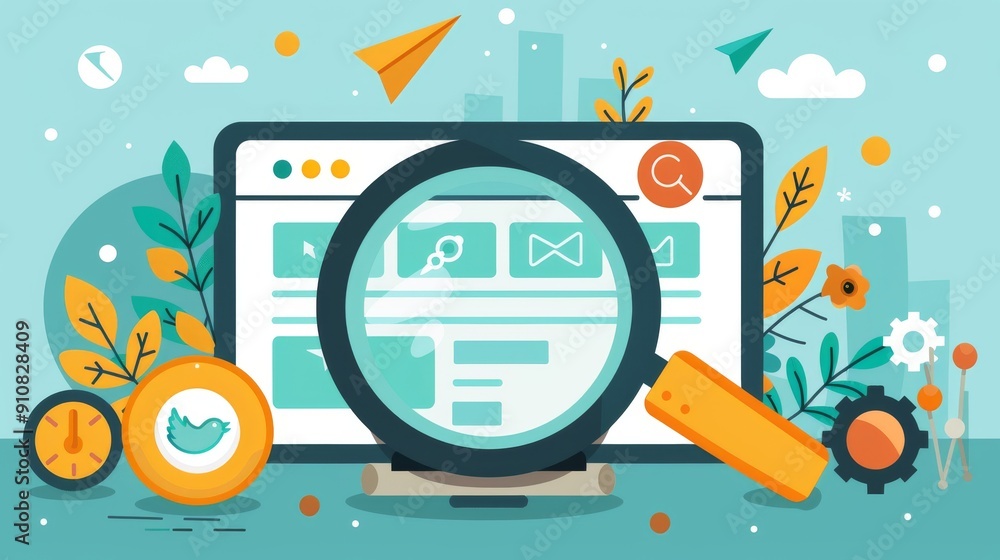 Poster cartoon vector animated search engine results page with various links and descriptions