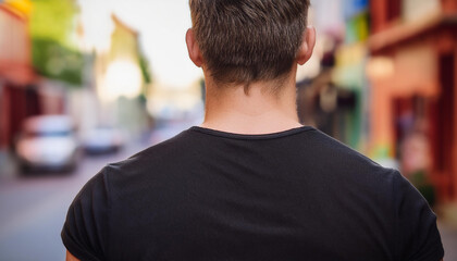 Fototapeta premium Homme de dos portant un t-shirt noir dans une rue ensoleillée, modèle de maquette d'un garçon hipster pour l'impression de conception