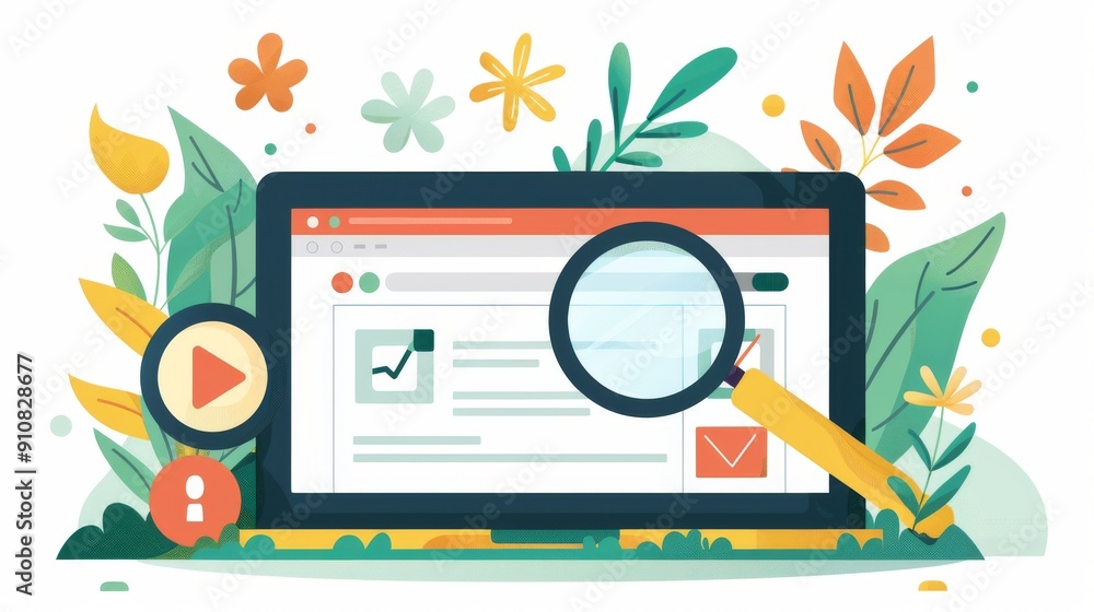Poster cartoon vector animated search engine results page with various links and descriptions