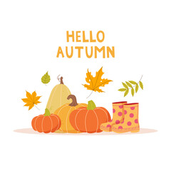 Cute autumn background with pumpkins, leaves