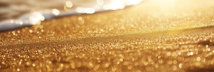 A close-up shot capturing the golden sand of a beach with footprints, illuminated by the sun, evoking nostalgia and calmness.