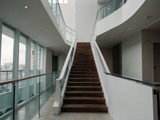 Fototapeta premium Vertical shot of a modern stairway in a beautiful white