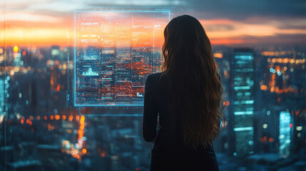 A woman overlooking a cityscape with a digital interface at sunset, symbolizing futuristic technology and urban planning.