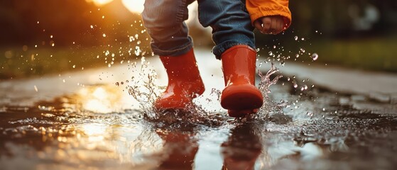 Modern full body image of a kid splashing in a puddle on a rainy day