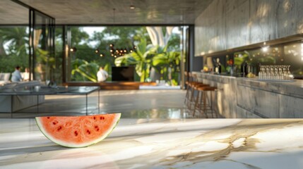 Slice of watermelon on a marble countertop with blurred background of a modern home.