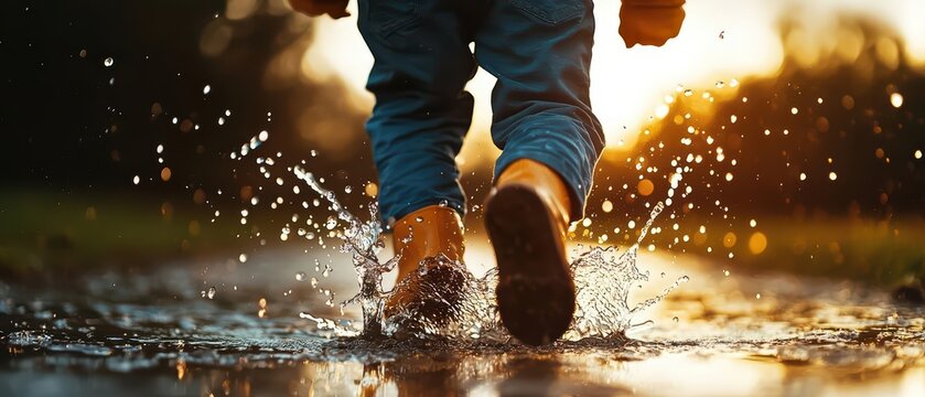 Modern full body image of a kid splashing in a puddle on a rainy day