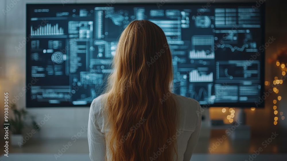 Poster a woman analyzing data on a large screen, representing technology and information processing.
