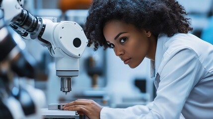 Engineering the Future: A young Black female engineer intently supervises a robotic arm in a modern manufacturing facility. 