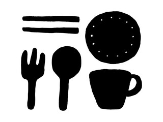 This is an illustration of tableware, fork, spoon, plate, chopsticks, and cup.