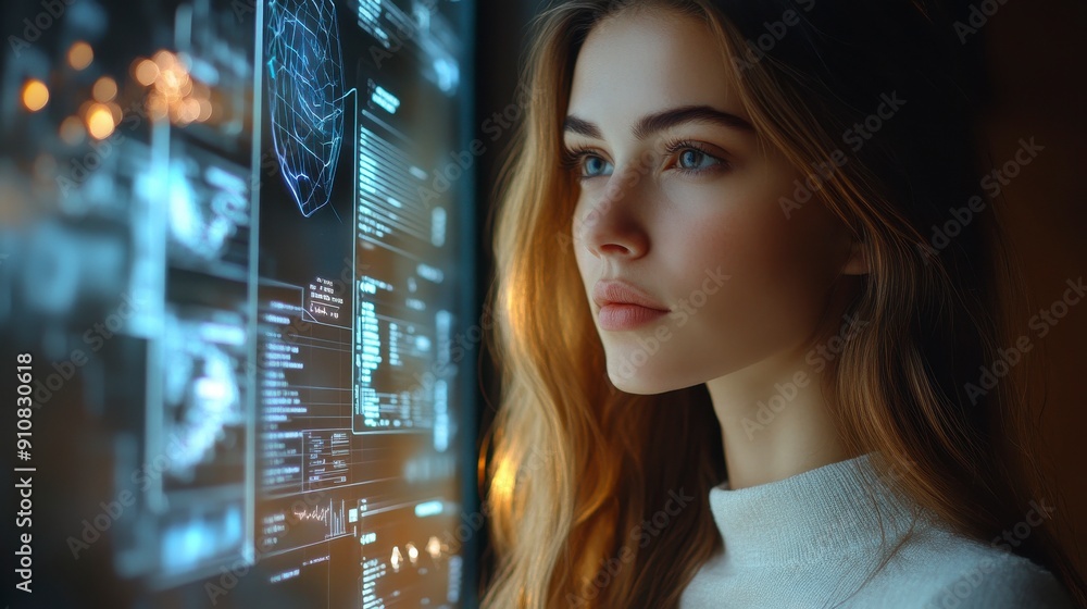 Poster a woman analyzing complex data on a high-tech screen, representing technology and information proces
