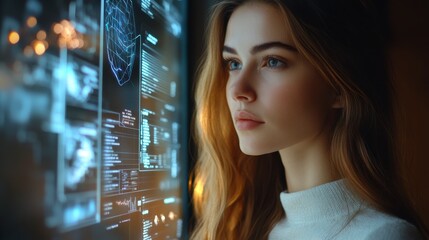 A woman analyzing complex data on a high-tech screen, representing technology and information processing.