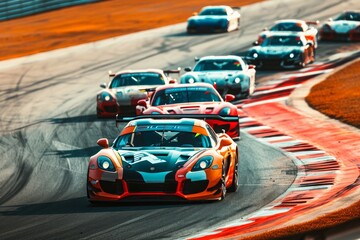 A group of cars aggressively racing around a track, showcasing their speed and precision, Several colorful sports cars coming around a tight curve on a racetrack, AI Generated