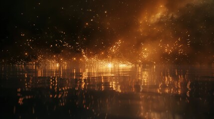 Fototapeta premium Abstract dark background with golden sparks and reflections in water.