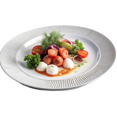 plate of food on a white surface with white background