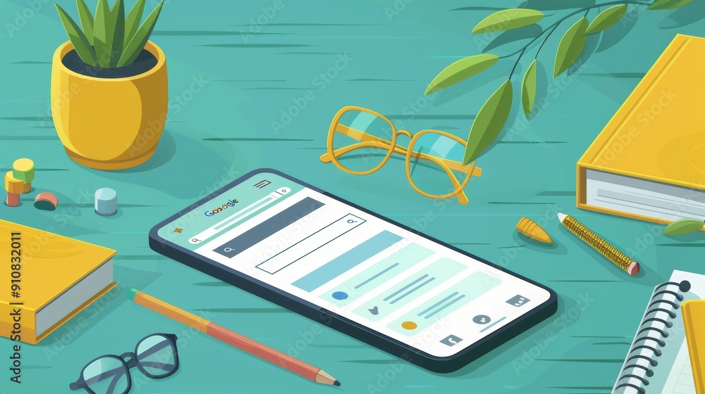 Poster cartoon vector mobile phone displaying a search app with popular queries