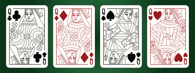 Queen playing cards set. Editable stroke. Spades Hearts Diamonds and Clubs suits. 
Vector illustration.