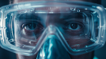 Close-up of a pair of safety goggles with detailed lenses and frame, symbolizing eye protection
