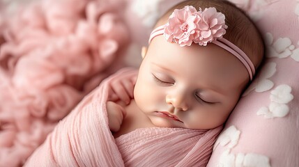 Close-up of a sleeping baby girl in a pink flower headband and swaddle, on a soft mattress with a pink and white background.