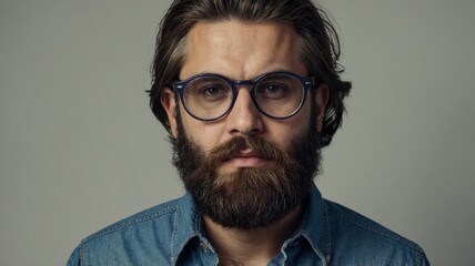 Obraz premium Bearded man in denim shirt and round glasses