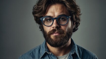 Obraz premium Bearded man in denim shirt and round glasses
