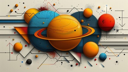 Abstract Geometric Shapes With Planets and Lines on a Light Background