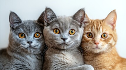 Three cats stacked on top of each other with cute cat faces. A grey English short-haired blue-dot cat with yellow eyes and orange stripes at the base of its face.