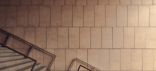 gold colored stairway path in hall wall tile empty space textured background panoramic format picture for good advertising purpose
