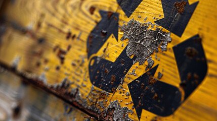 Fototapeta premium Close-up of a warning sign with detailed symbols and textures, symbolizing hazard awareness