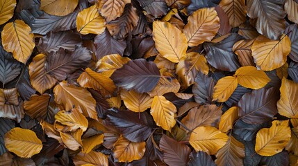 Fototapeta premium Close-up of fallen autumn leaves in shades of brown, orange, and purple.
