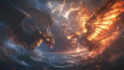 Fototapeta premium Epic Battle of Fire and Storm: Dragon vs. Phoenix