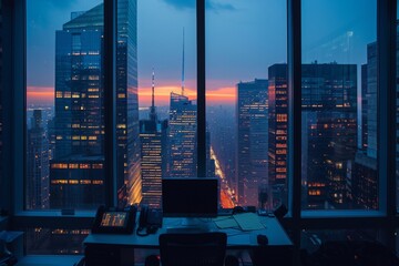 A desk with a functioning laptop placed in front of a window, providing ample natural light, Skyscraper office overlooking the city at dusk, AI Generated