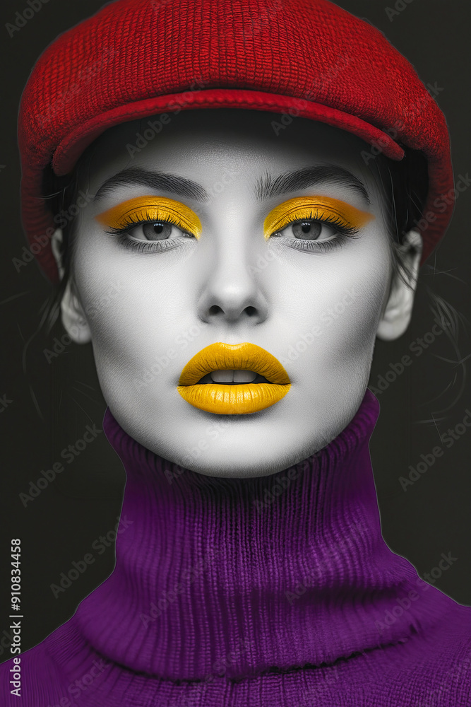 Poster A woman wearing a red beret and a purple turtle neck sweater.