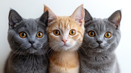 Three cats stacked on top of each other with cute cat faces. A grey English short-haired blue-dot cat with yellow eyes and orange stripes at the base of its face.