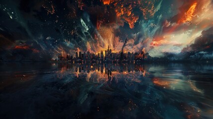 Fototapeta premium Cityscape reflected in water with a fiery sky.