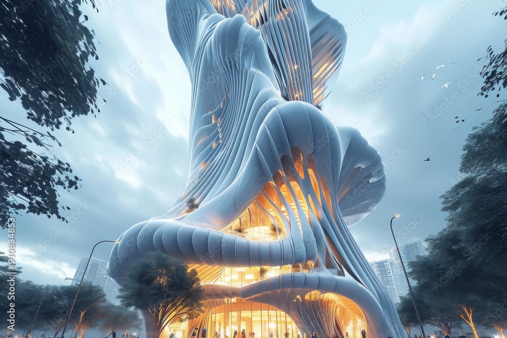 Poster a photo of a tall building showcasing a distinctive spirally design on its top, adding an architectu