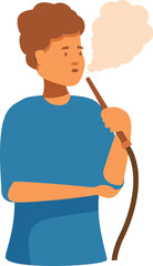 Young man is holding a traditional hookah pipe, taking a drag and exhaling a plume of smoke