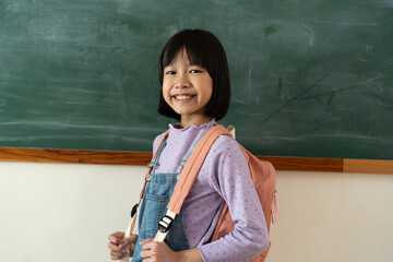 Happy Asian schoolgirl with a backpack standing in front of a chalkboard in the classroom, smiling and showing confidence, representing a cheerful student in a positive school environment. © twinsterphoto