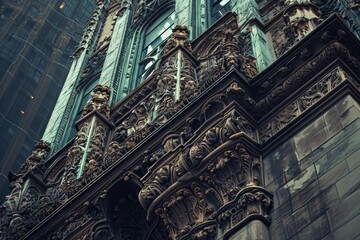 Naklejka premium A towering skyscraper with a prominent clock adorning its side, showcasing the architectural grandeur of urban life, Skyscrapers encrusted with ornate, baroque-inspired details, AI Generated