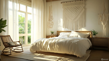 Fototapeta premium A beautiful bedroom with plenty of light, a comfy bed, and a stylish macrame wall hanging.